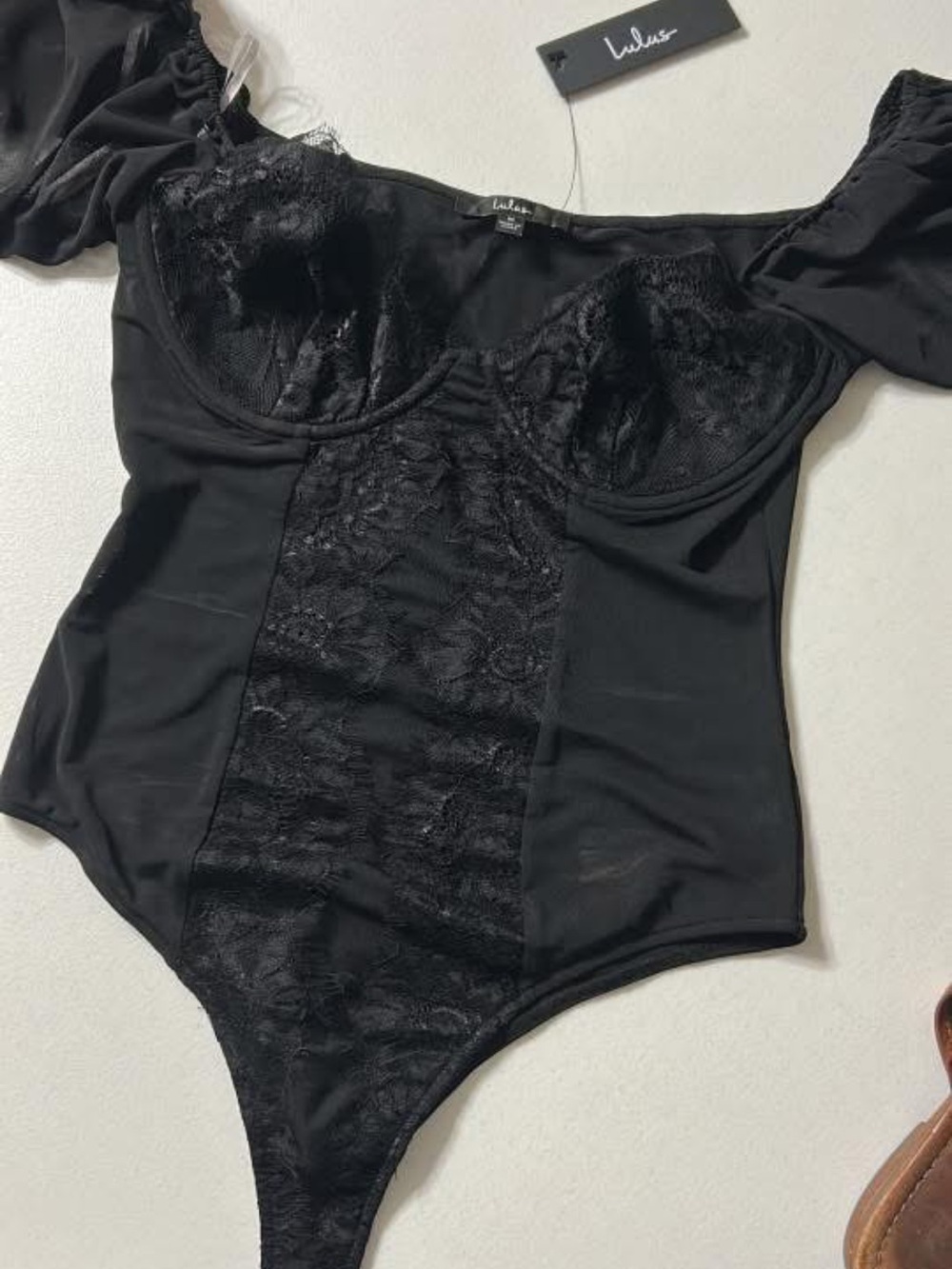 Lulu's Black Lace-Panel Off-Shoulder Bodysuit with Underwire